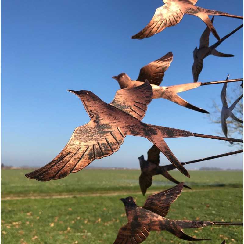 Metalen Tuinwindmolen Decoratieve Tuinwindmolen met Zwaluwmotief gedetailleerd bekeken