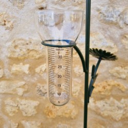 Decoratieve regenmeter met kleurrijk papegaaienmotief 152x30x17 cm, zicht op de trechter