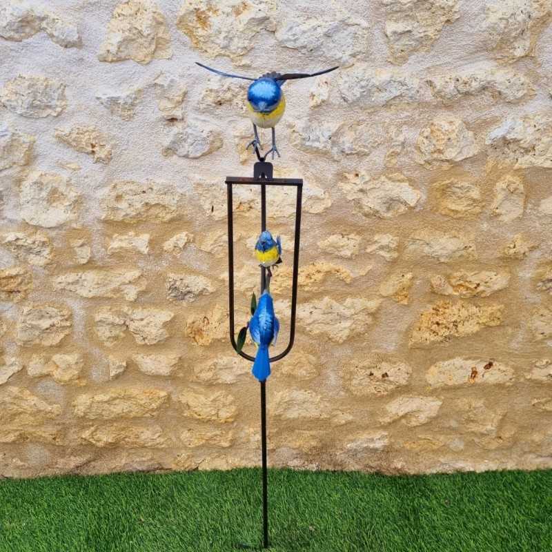 Mobiele Tuinbalans in Metaal Motief Pimpelmees Hoogte 130 cm frontaal zicht