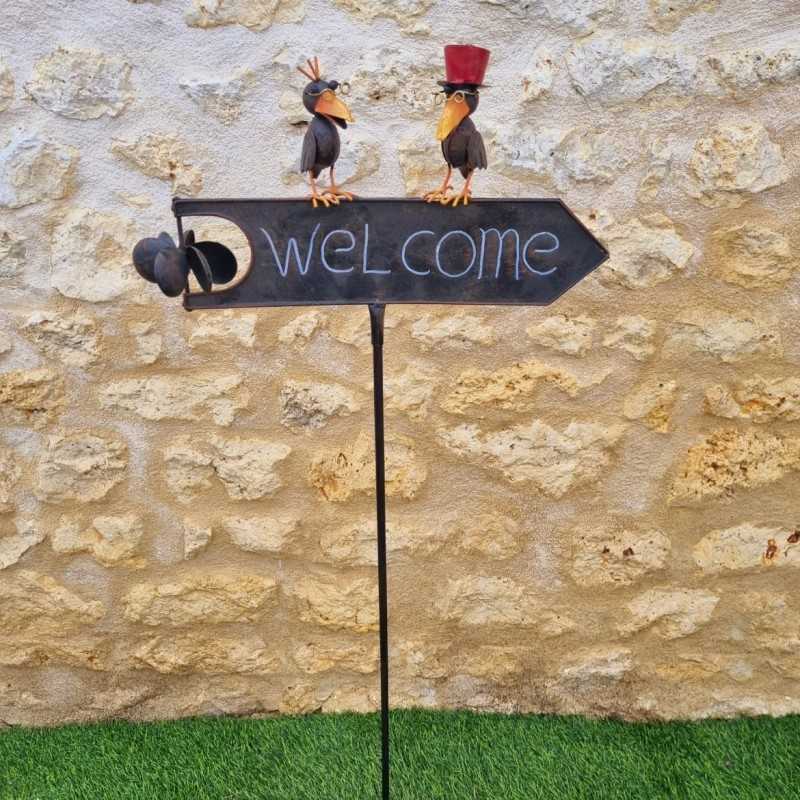 Pic, decoratieve tuinsteun welcome in kastanjebruin met kleurrijke kraai, volledige weergave