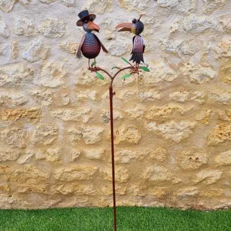 Pluviómetro decorativo cuervos coloridos 127 cm embudo de vidrio graduado decoración de jardín metal 39,90 € LEZARD DU JARDIN