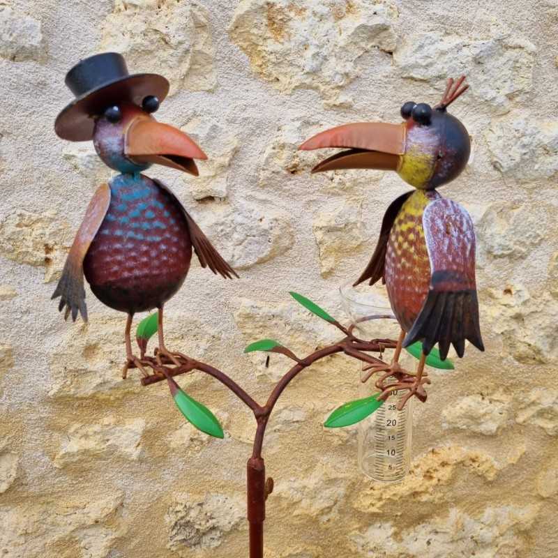 Pluviómetro decorativo cuervos coloridos 127 cm embudo de vidrio graduado decoración de jardín metal 39,90 € LEZARD DU JARDIN