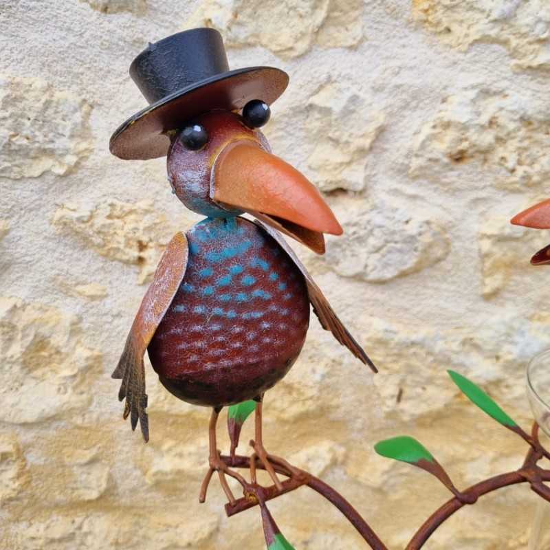Pluviómetro decorativo cuervos coloridos 127 cm embudo de vidrio graduado decoración de jardín metal 39,90 € LEZARD DU JARDIN