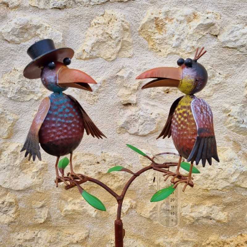 Pluviómetro decorativo cuervos coloridos 127 cm embudo de vidrio graduado decoración de jardín metal 39,90 € LEZARD DU JARDIN