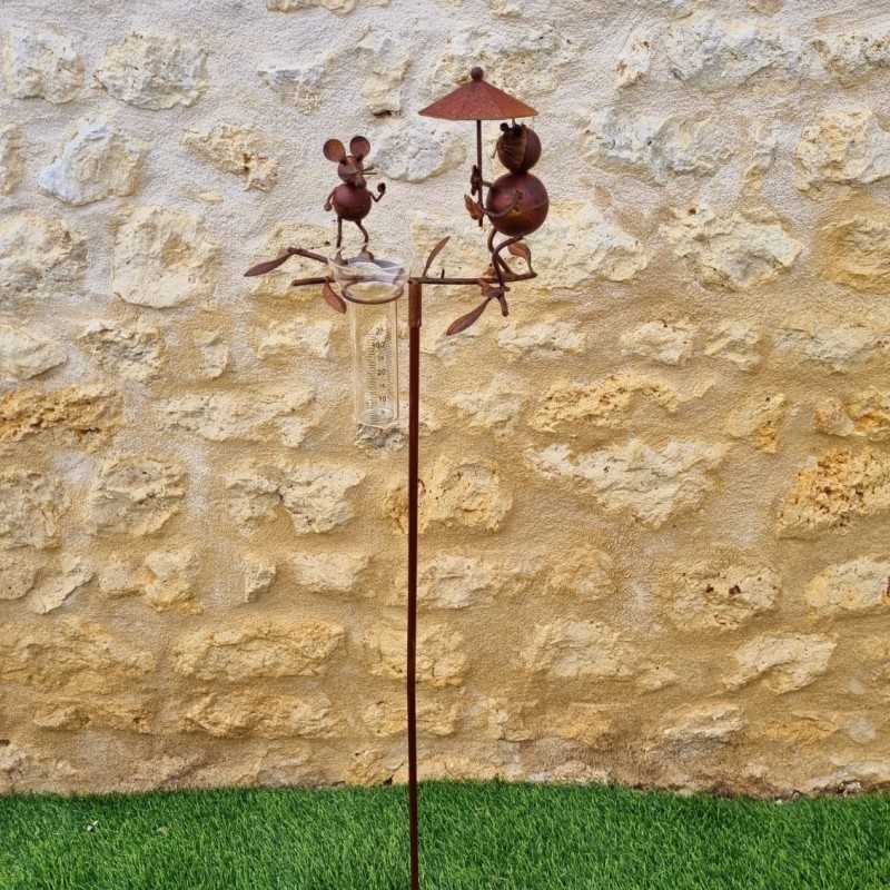 Pluviómetro para clavar con motivo de gato y ratón Tutor para planta Decoración de jardín en hierro patinado con embudo Tubo de