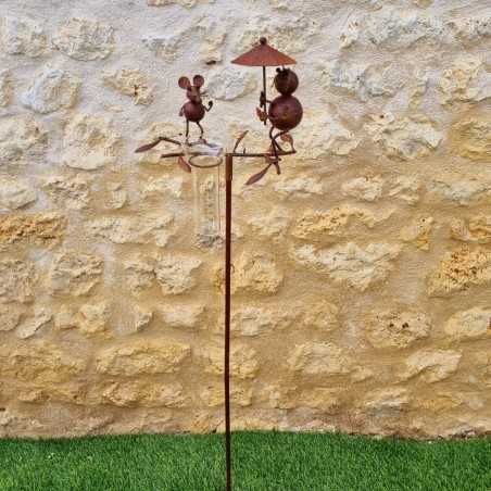 Pluviómetro para clavar con motivo de gato y ratón Tutor para planta Decoración de jardín en hierro patinado con embudo Tubo de