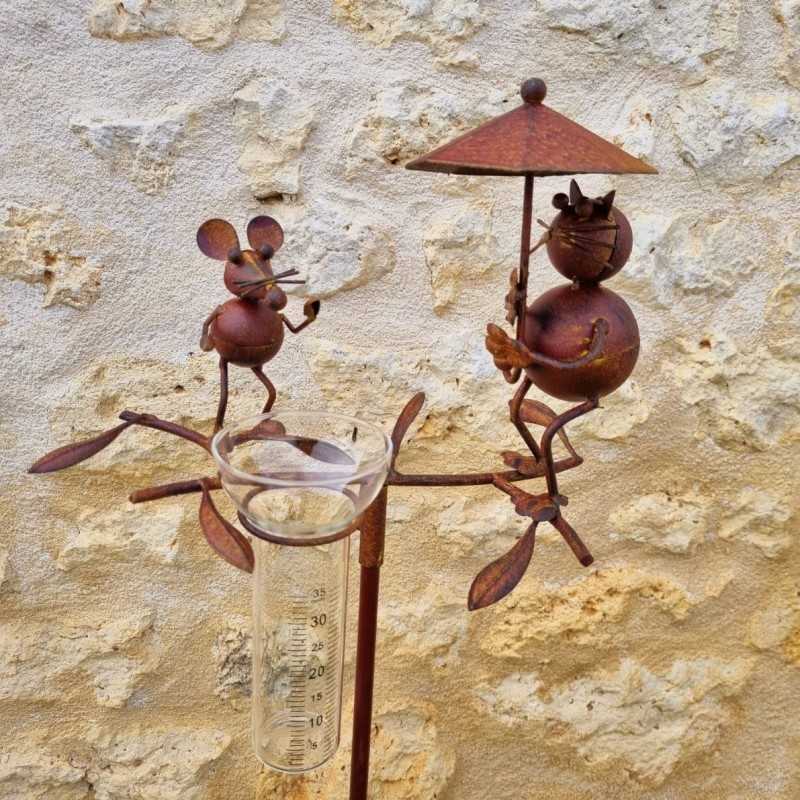Pluviómetro para clavar con motivo de gato y ratón Tutor para planta Decoración de jardín en hierro patinado con embudo Tubo de