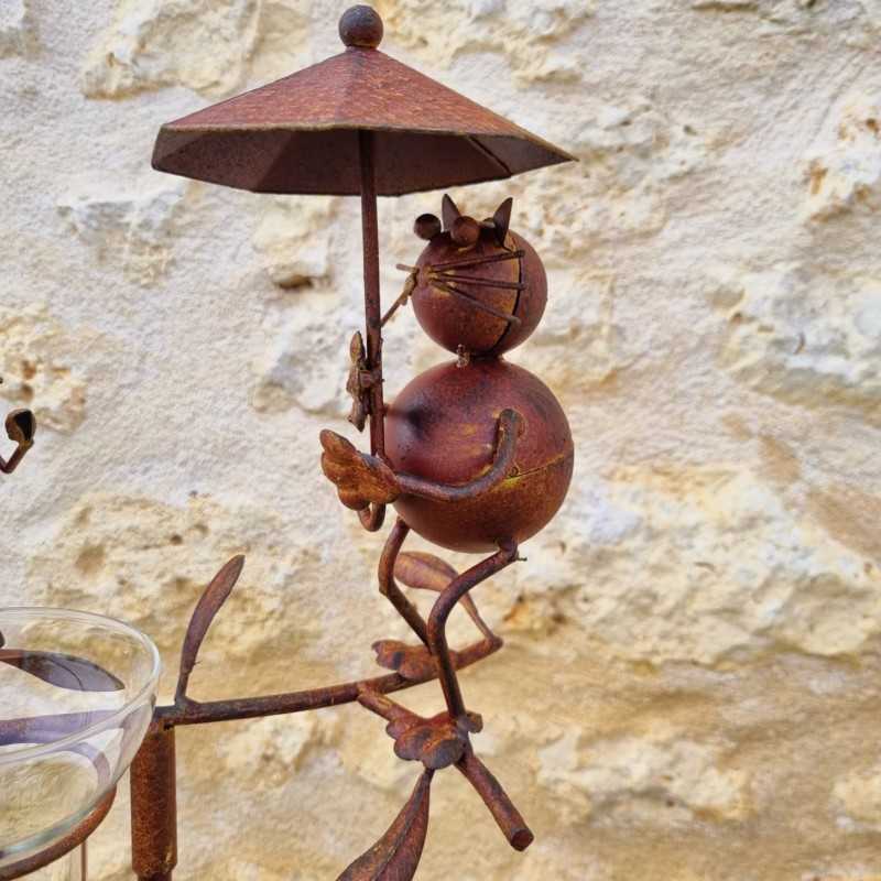 Pluviómetro para clavar con motivo de gato y ratón Tutor para planta Decoración de jardín en hierro patinado con embudo Tubo de