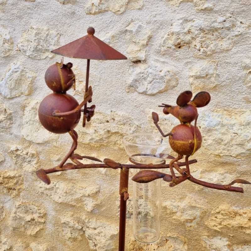 Pluviómetro para clavar con motivo de gato y ratón Tutor para planta Decoración de jardín en hierro patinado con embudo Tubo de