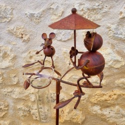 Pluviómetro para clavar con motivo de gato y ratón Tutor para planta Decoración de jardín en hierro patinado con embudo Tubo de