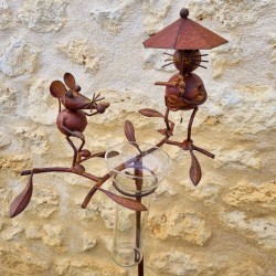 Pluviómetro para clavar con motivo de gato y ratón Tutor para planta Decoración de jardín en hierro patinado con embudo Tubo de