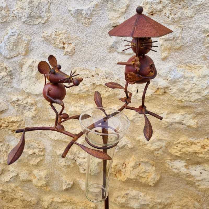 Pluviómetro para clavar con motivo de gato y ratón Tutor para planta Decoración de jardín en hierro patinado con embudo Tubo de