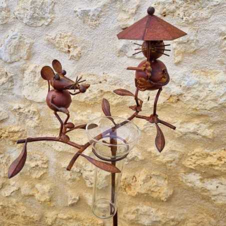 Pluviómetro para clavar con motivo de gato y ratón Tutor para planta Decoración de jardín en hierro patinado con embudo Tubo de