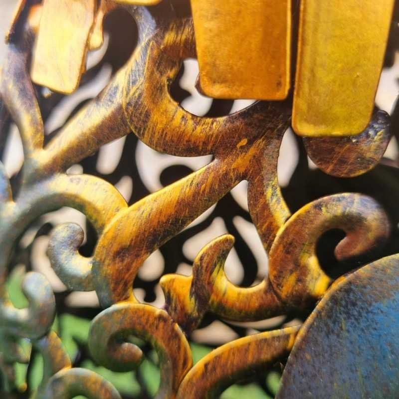 Coq en hierro dorado, negro y rojo – Decoración de jardín de excepción