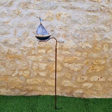 Decoratieve tuinregenmeter van metaal met bootmotief, hoogte 134 cm, volledige weergave