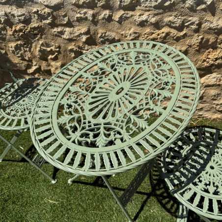 Salon de jardin pliable en fer et fonte – Style vintage patiné vert | Lézard du Jardin