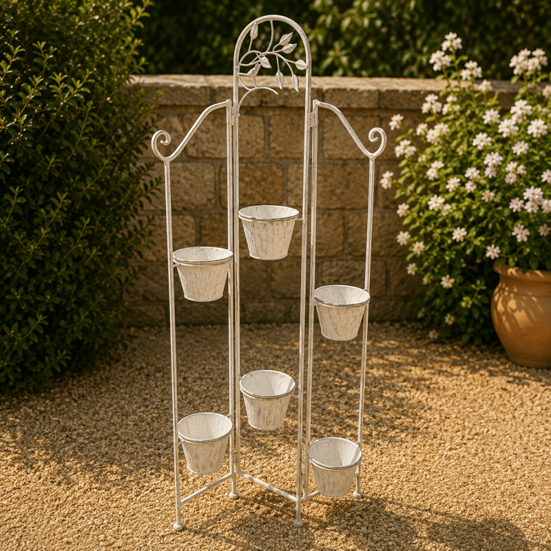 Porte-plante 6 pots en métal gris patiné ancien – Une élégante mise en scène pour vos fleurs