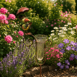 Pluviomètre décoratif de jardin oiseau sous parapluie – Une touche colorée pour mesurer la pluie