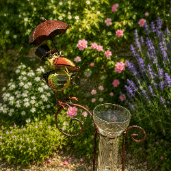 Pluviomètre décoratif de jardin oiseau sous parapluie – Une touche colorée pour mesurer la pluie