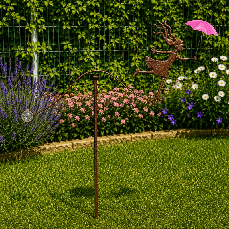 Mobile de jardin « Dame au parapluie rose » – Balancier décoratif en métal