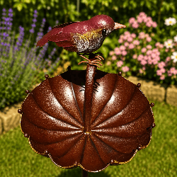 Abreuvoir mangeoire à oiseaux sur pic couleur rouille – Une escale pleine de charme au jardin