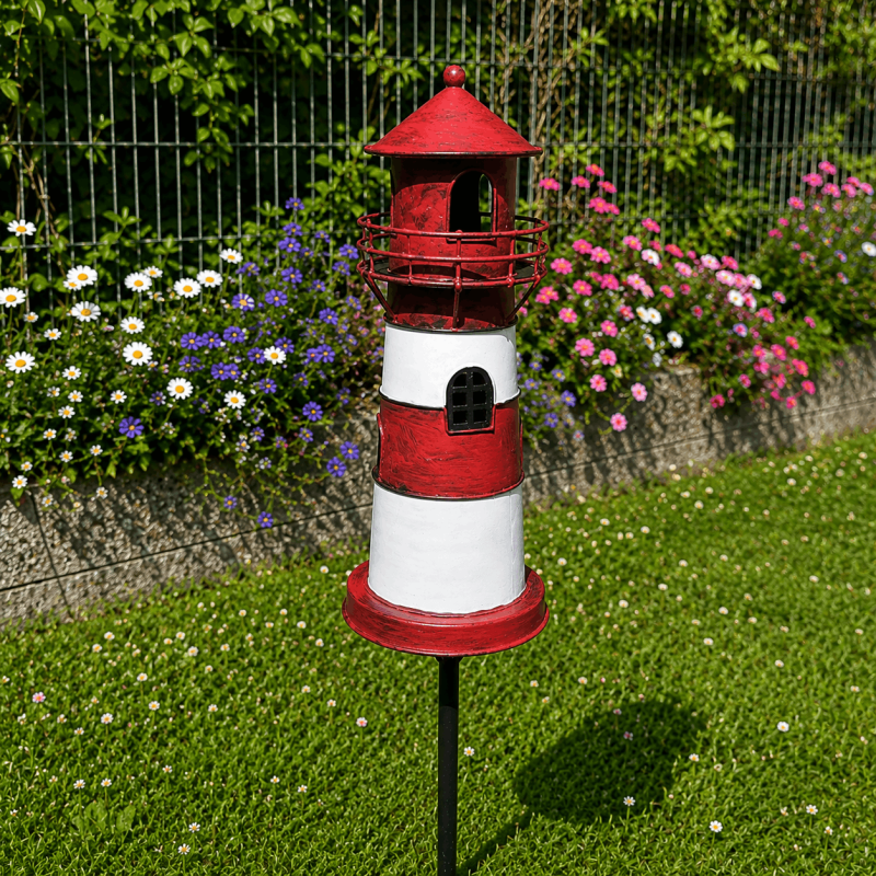 Pic décoratif de jardin phare rouge et blanc – Une ambiance bord de mer au cœur de votre jardin