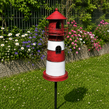 Pic décoratif de jardin phare rouge et blanc – Une ambiance bord de mer au cœur de votre jardin