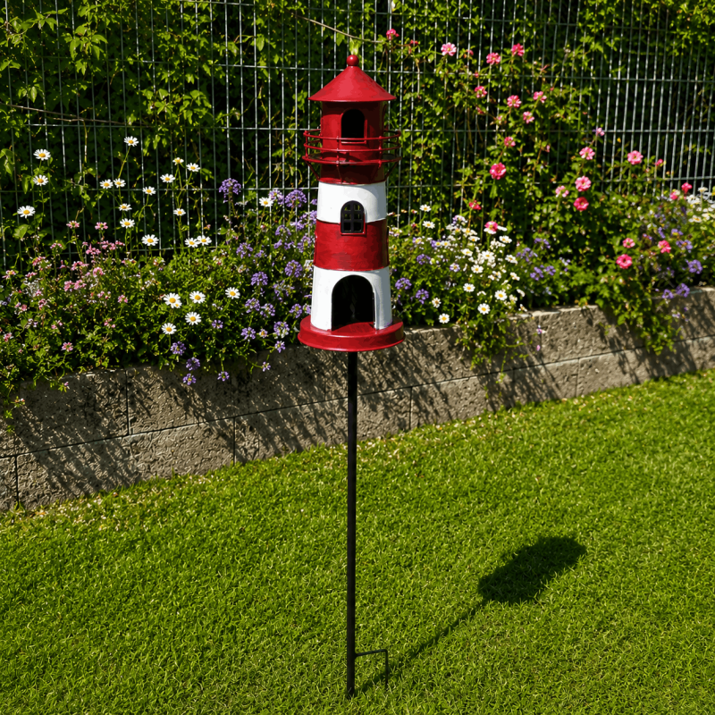 Pic décoratif de jardin phare rouge et blanc – Une ambiance bord de mer au cœur de votre jardin