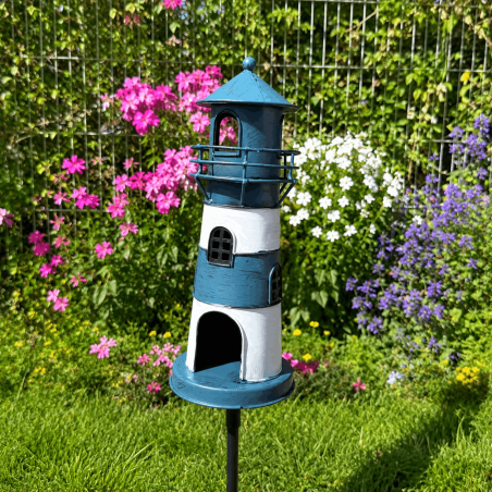 Pic décoratif phare bleu et blanc – Une touche marine élégante pour le jardin