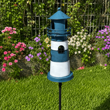 Pic décoratif phare bleu et blanc – Une touche marine élégante pour le jardin
