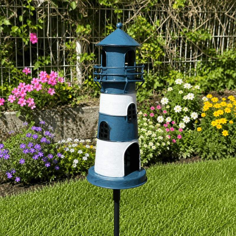 Pic décoratif phare bleu et blanc – Une touche marine élégante pour le jardin