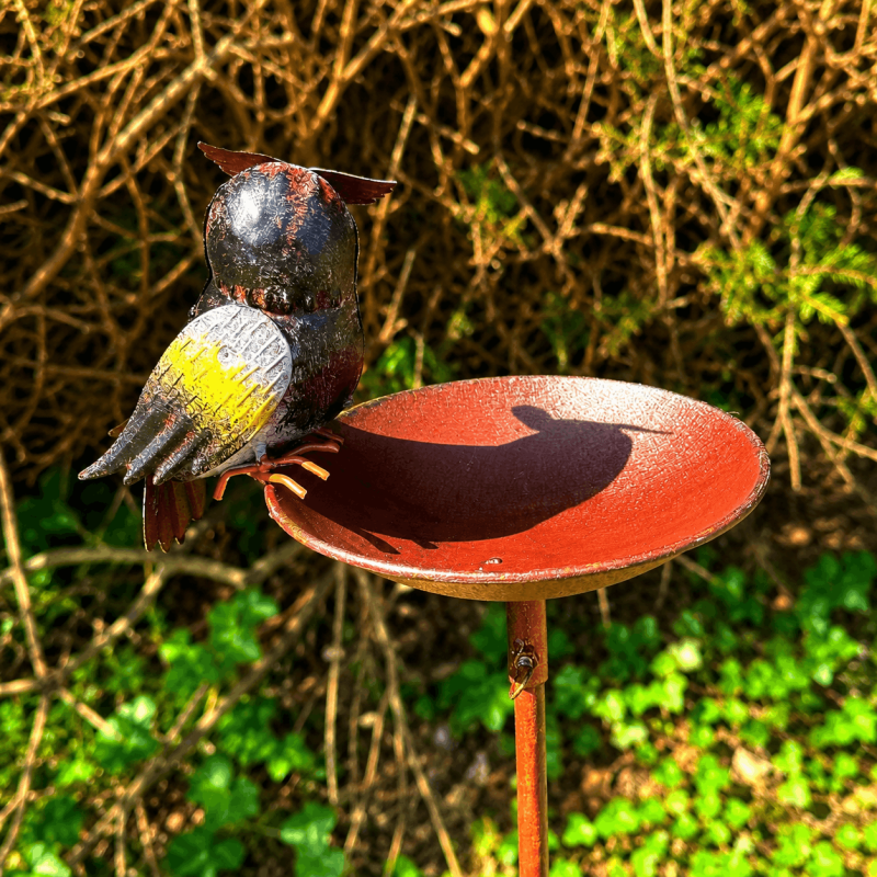 Bain d'oiseaux sur pied avec chouette – Abreuvoir décoratif en métal