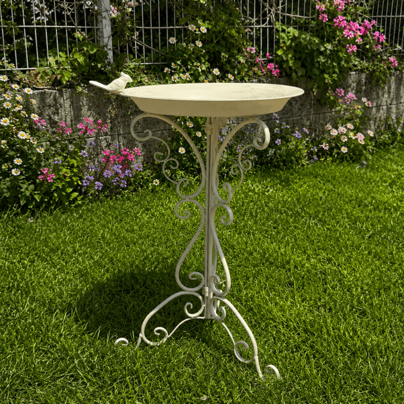 Bain d'oiseaux sur pied en métal patiné crème vieilli – Ø 42 cm