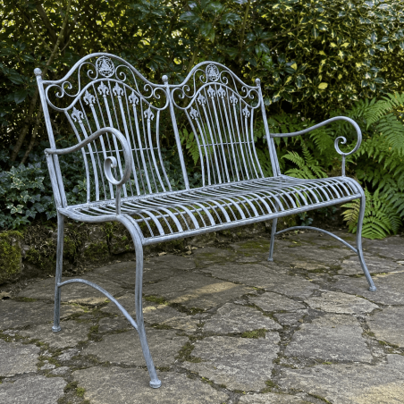 Banc de jardin 2 places en métal patiné antique gris vieilli