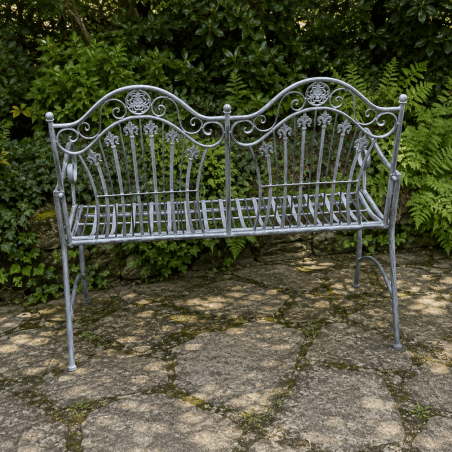 Banc de jardin 2 places en métal patiné antique gris vieilli