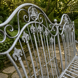 Banc de jardin 2 places en métal patiné antique gris vieilli