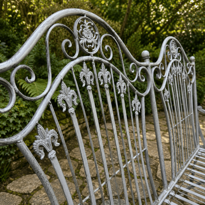 Banc de jardin 2 places en métal patiné antique gris vieilli
