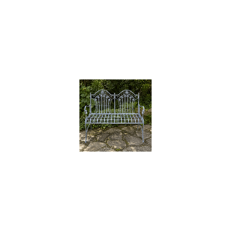 Banc de jardin 2 places en métal patiné antique gris vieilli