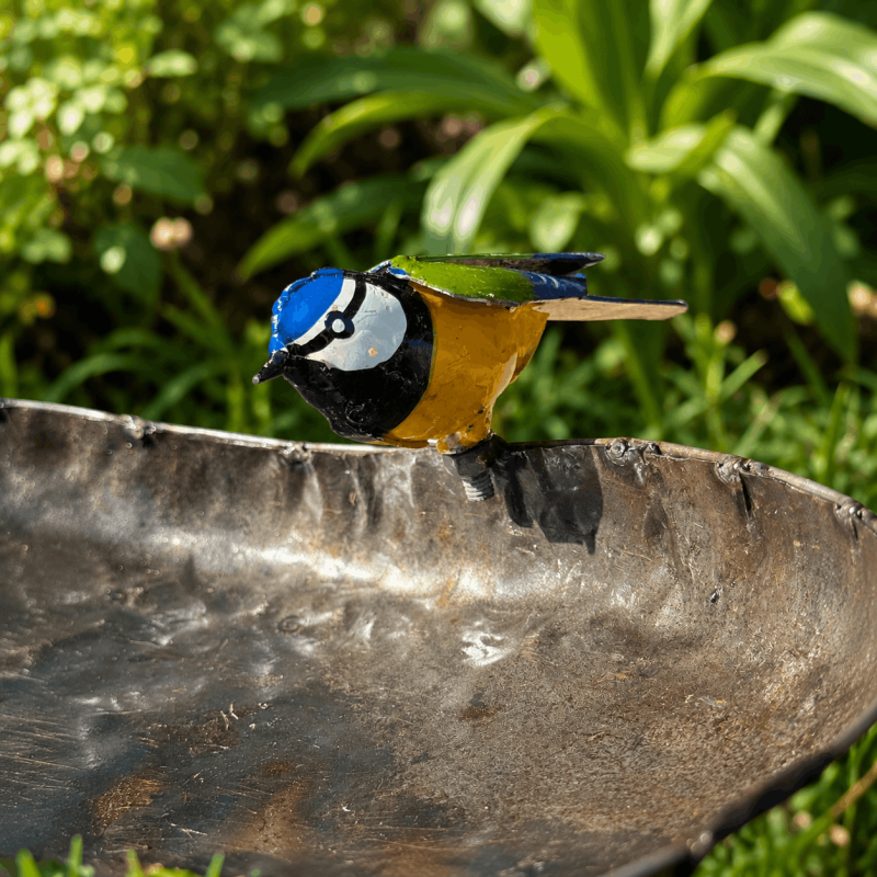Bain d'oiseaux cœur en métal recyclé avec mésange colorée