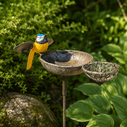 Abreuvoir à oiseaux à piquer en métal recyclé avec porte-boule de graisse – Mésange bleue