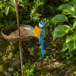 Mangeoire à oiseaux sur pic en métal recyclé avec fleur et mésange