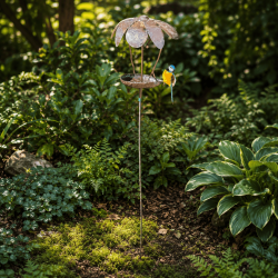 Mangeoire à oiseaux sur pic en métal recyclé avec fleur et mésange