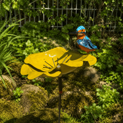 Fleur décorative de jardin en métal jaune avec oiseau