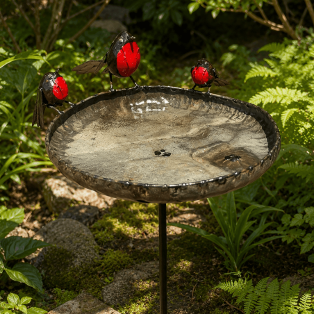 Bain d'oiseaux en métal recyclé avec 3 rouges-gorges – H 90 x L 39 cm