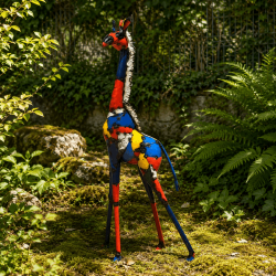 Statue de girafe en métal recyclé multicolore H120 x L52 cm – Sculpture safari extérieure