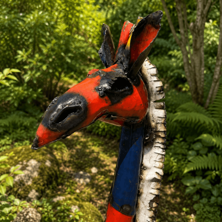 Statue de girafe en métal recyclé multicolore H120 x L52 cm – Sculpture safari extérieure