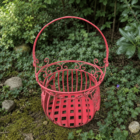 Panier porte-pot en métal rouge patiné à fleurs - 2 tailles