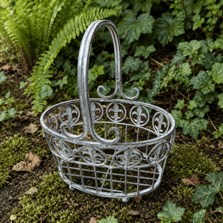 Panier porte-pot ovale en métal gris vieilli fleur de lys - 3 tailles