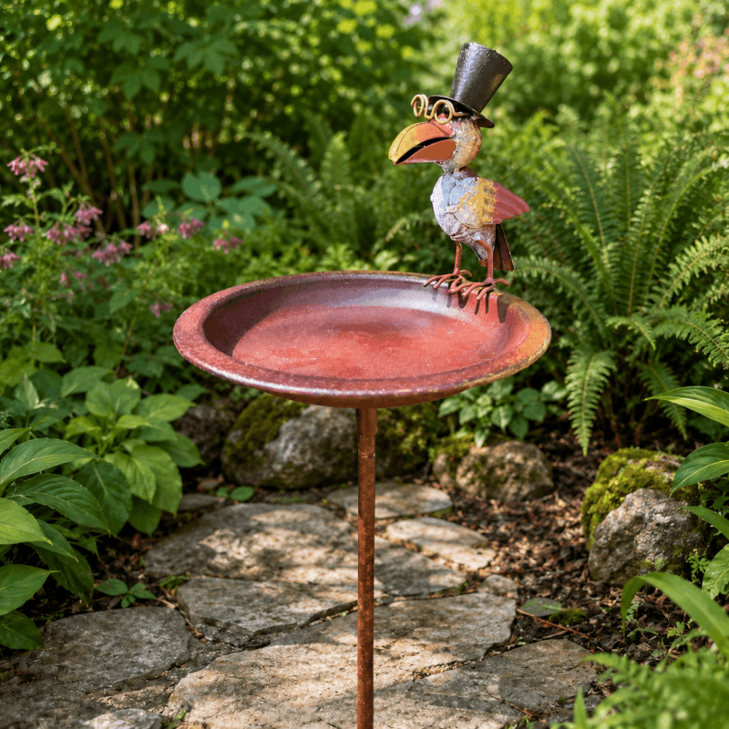 Bain d'oiseaux sur pied en métal avec corbeau gentleman – Mangeoire de jardin H120 cm