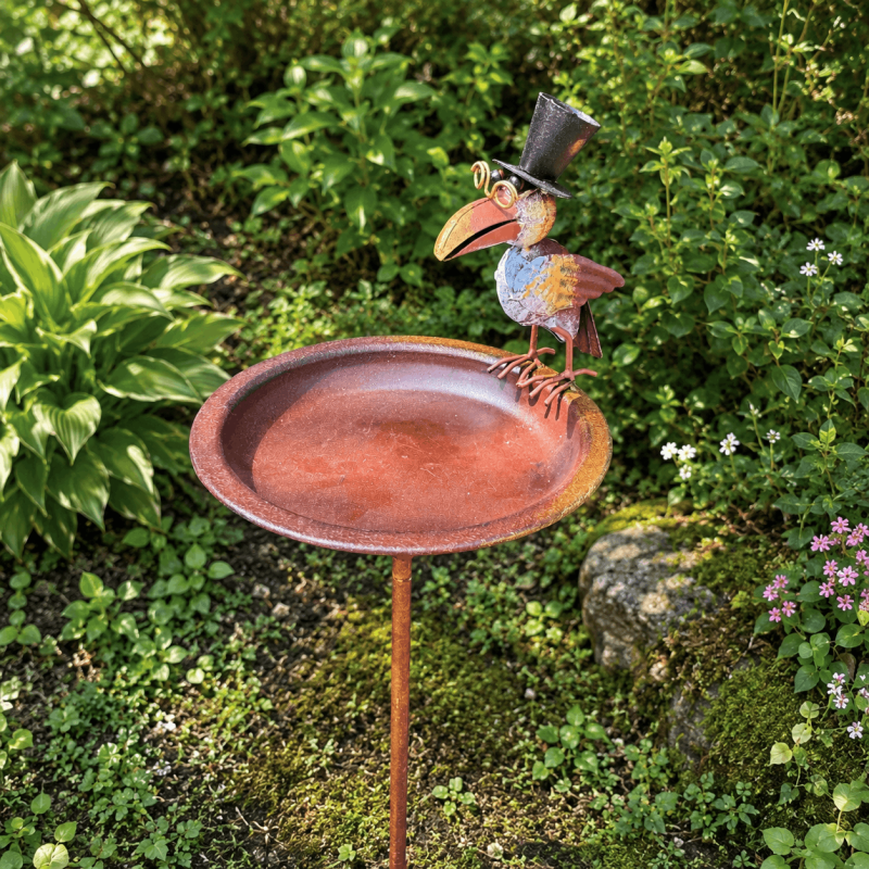 Bain d'oiseaux sur pied en métal avec corbeau gentleman – Mangeoire de jardin H120 cm